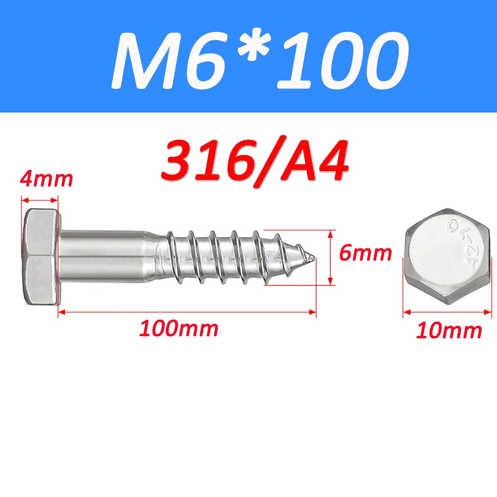 316 Stainless Steel Hex Head Lag Screws Marine Grade Wood Lag Bolts A4 Rustproof