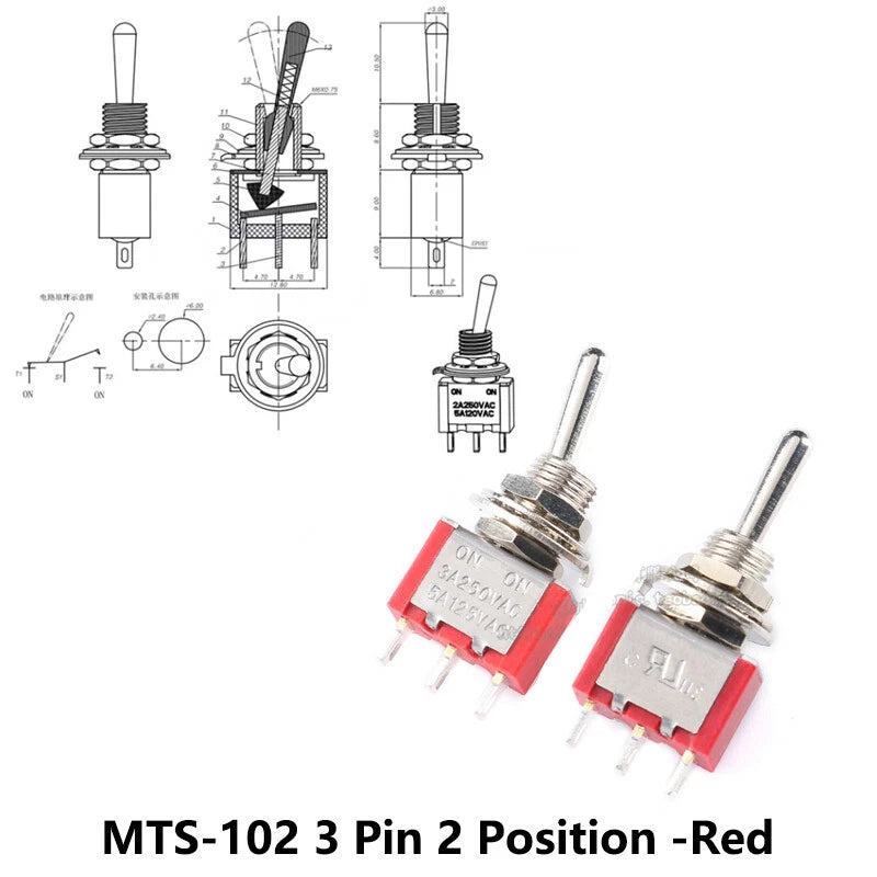 MTS Series Toggle Switch 3–12 Pin | On-On / On-Off-On | Blue & Red