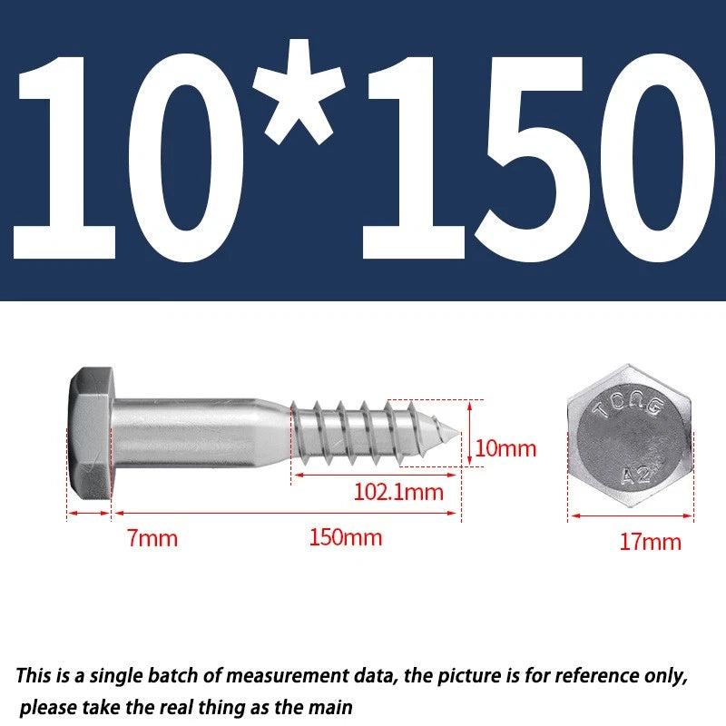 M10 10mm A2 STAINLESS STEEL SCREWS HEX HEAD LAG BOLTS WOOD SCREW BOLT DIN571