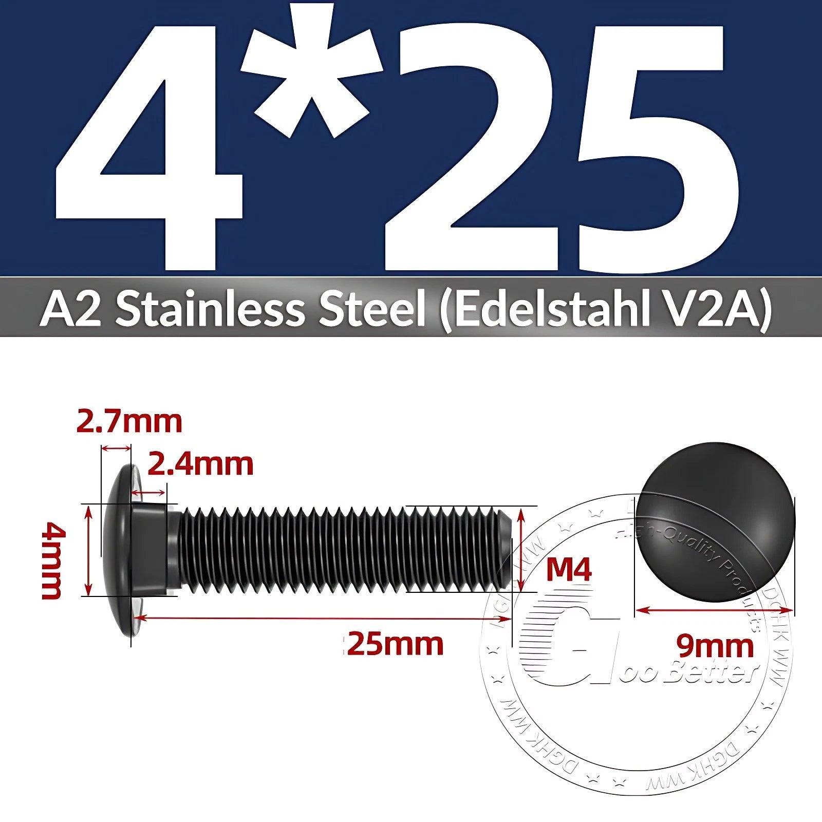 Black Stainless Steel Carriage Bolts M3–M12 | A2 Cup Square Dome Screws