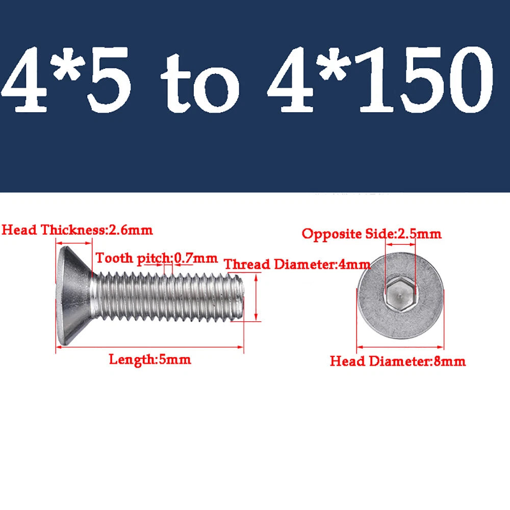 M1.6-M16 A2 Stainless Steel Hex Socket Countersunk Flat Head Screws | 10 PCS