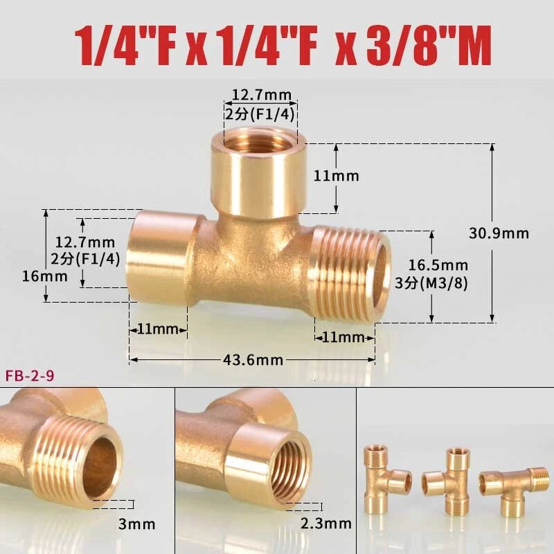 Brass BSP Tee Fitting 1/8" 1/4" 3/8" — Male Female Thread Pipe Connector