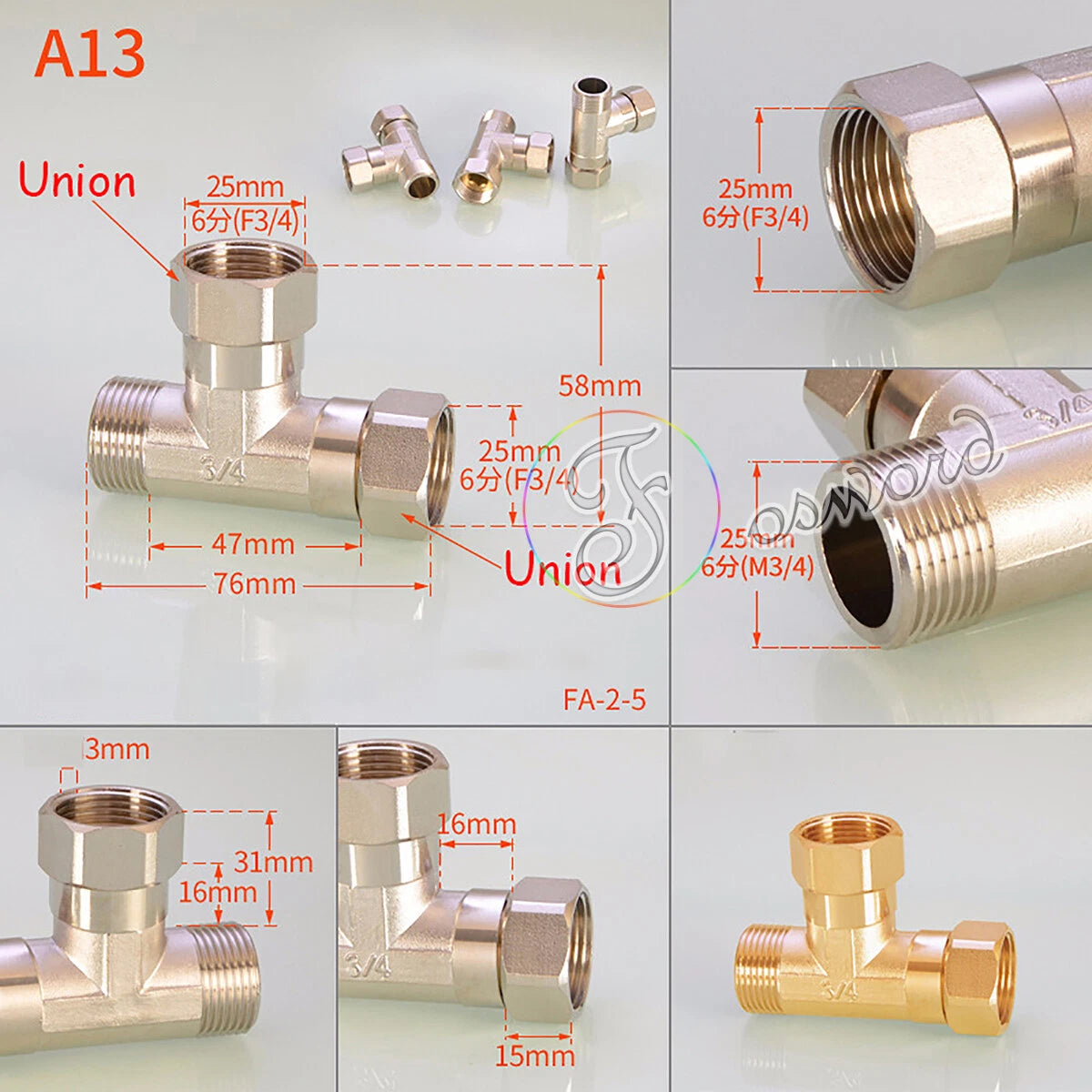 3/4" - 1/2" BSP Brass Pipe Fittings – Elbow 90°, Tee & Union Coupler, Male & Female Thread