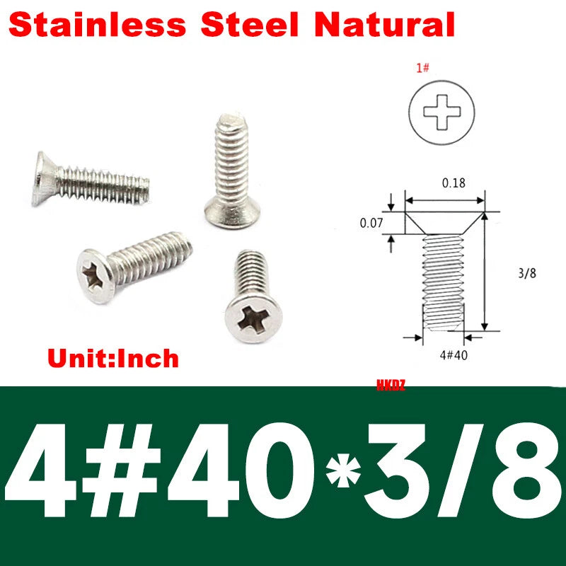 4#40 Countersunk Machine Screws – Phillips or Hex Drive, Stainless or Carbon Steel (Nickel/Black Zinc)