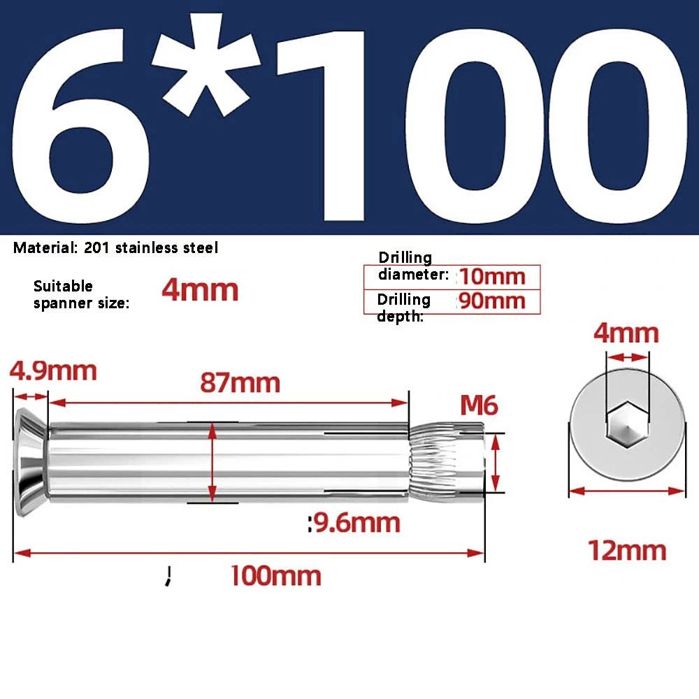 M6–M12 Countersunk Expansion Bolts | 201 Stainless Steel Hex Socket Sleeve Anchors