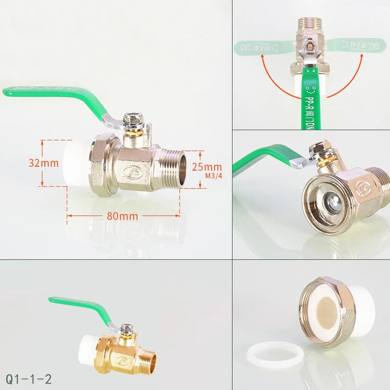 PPR Brass Ball Valves & Pipe Fittings 20–63mm | Green Handle | Multiple Types