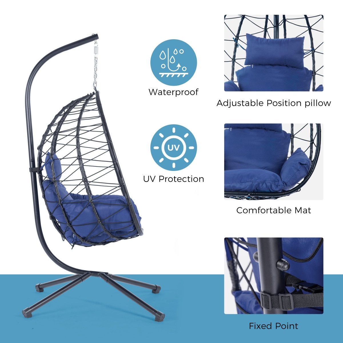 Egg Chair with Stand Indoor Outdoor Swing Chair Patio Wicker Hanging Egg Chair Hanging Basket Chair Hammock Chair with Stand for Bedroom Living Room Balcony Navy Blue - HomeDIYer