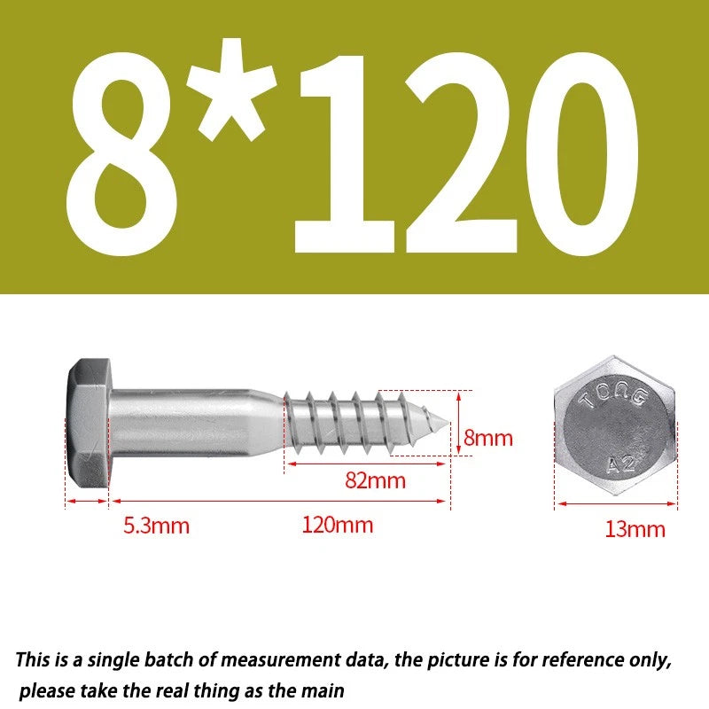 8mm M8 A2 STAINLESS STEEL SCREWS HEX HEAD LAG BOLTS WOOD SCREW BOLT DIN571
