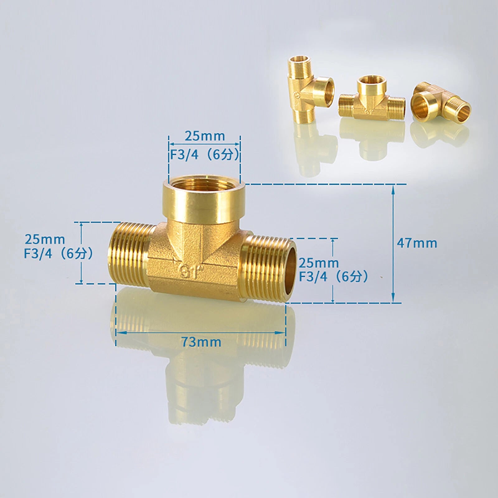 Brass T Tee Pipe Fitting — Female & Male NPT Thread, 3/4" to 2"