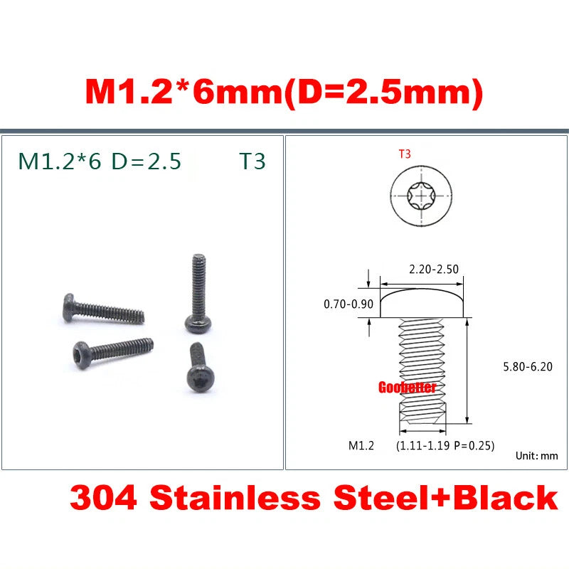 PM1.2–M5 Torx Pan Head Machine Screws – Carbon / 304 Stainless Steel, Micro Plum Round Head Bolts