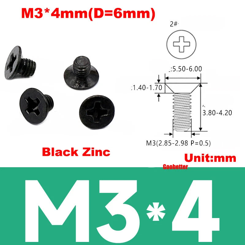 KM3 Phillips Countersunk Machine Screws – M3 x 3–18mm, Carbon or 304 Stainless, Multiple Finishes (Cross Flat Head)
