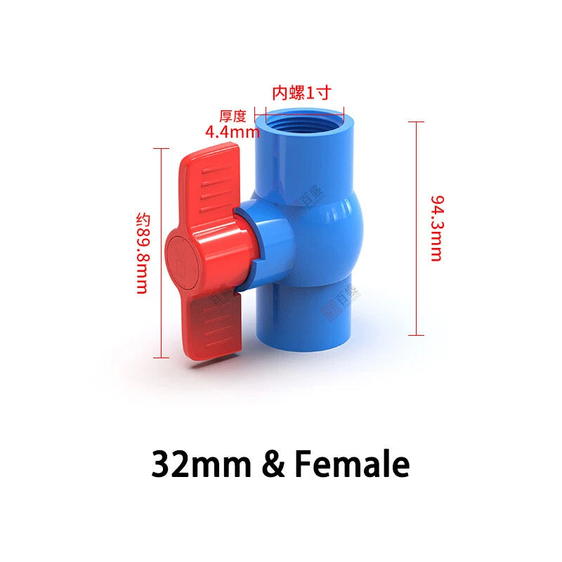 PVC Pipe Fittings 20mm-110mm Ball Valve Socket Solvent Weld-Female Thread Blue