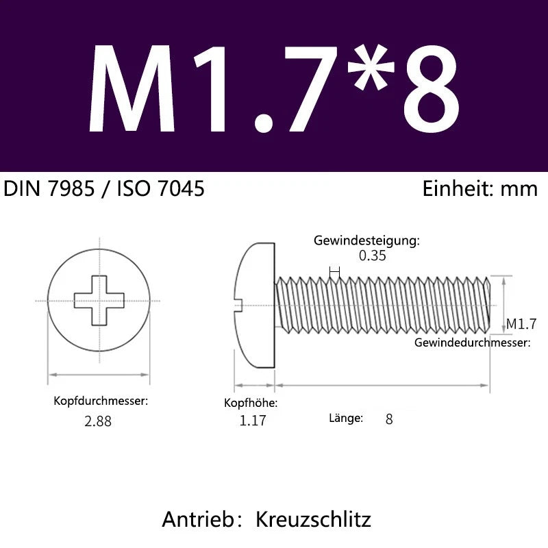 6063 Aluminium Phillips Pan Head Machine Screws DIN 7985 — M1.7 to M6 Metric