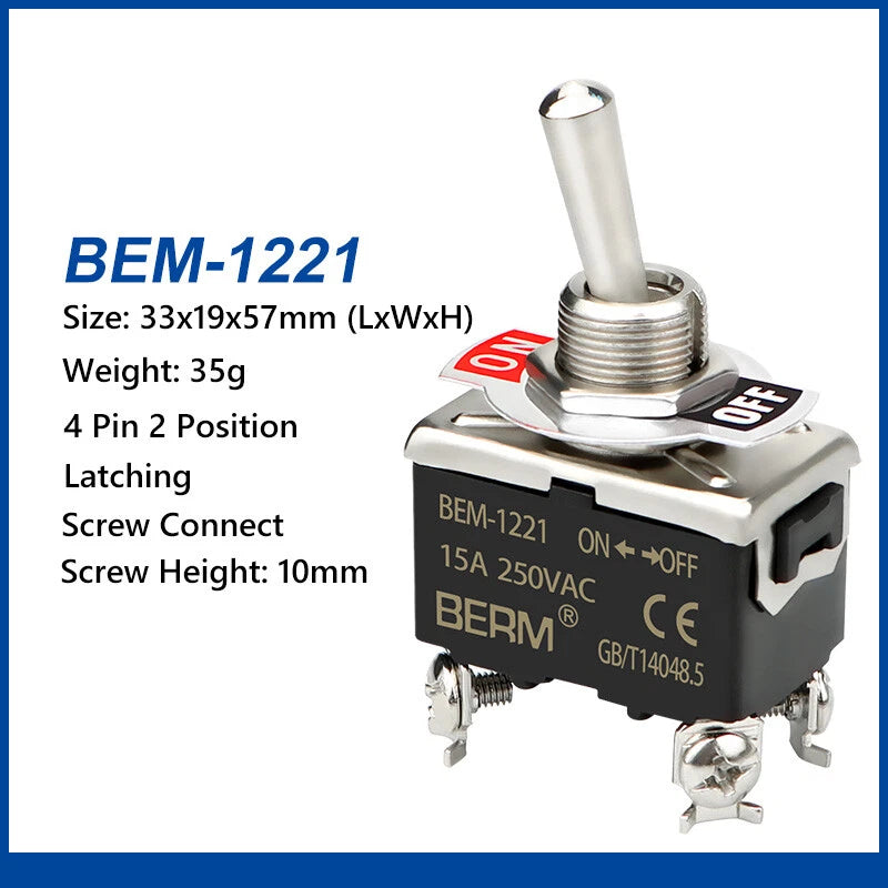 Waterproof Toggle Switch BERM Series — 15A 250V, 2/3 Position, 2–6 Pin, Latching & Momentary, Car Boat Panel