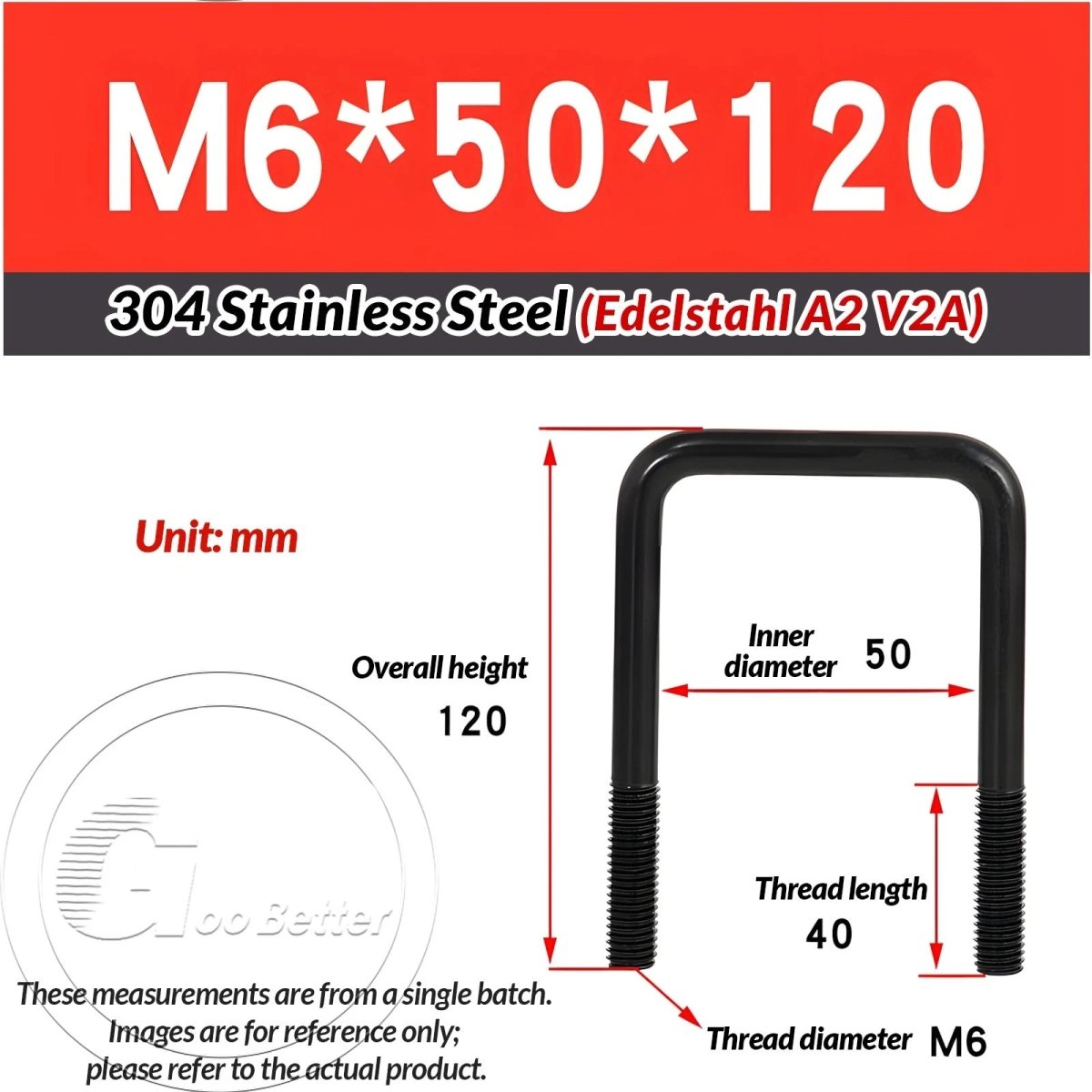 Black Square U - Bolts 304 Stainless Steel Fixing Clamp — M6 M8 M10 - HomeDIYer