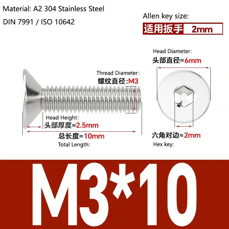 A2 Stainless Steel Socket Countersunk Screws – ISO 10642, M3 M4 M5