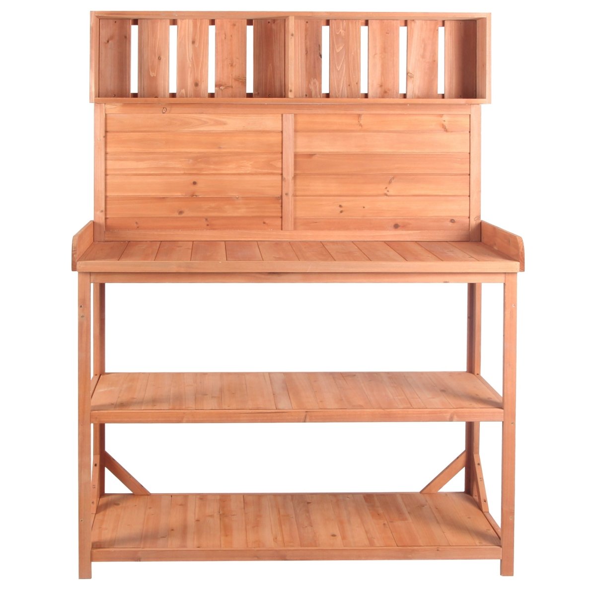 65" Large Wooden Farmhouse Rustic Outdoor Potting Bench Table, Patio Workstation, Garden Potting Bench with 4 Storage Shelves and Side Hook,Natural - HomeDIYer