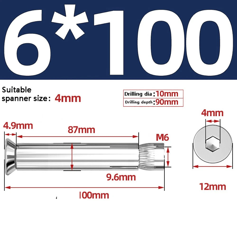 M6–M12 Countersunk Hex Socket Expansion Bolts — 304 & 201 Stainless Steel, A-Type & B-Type