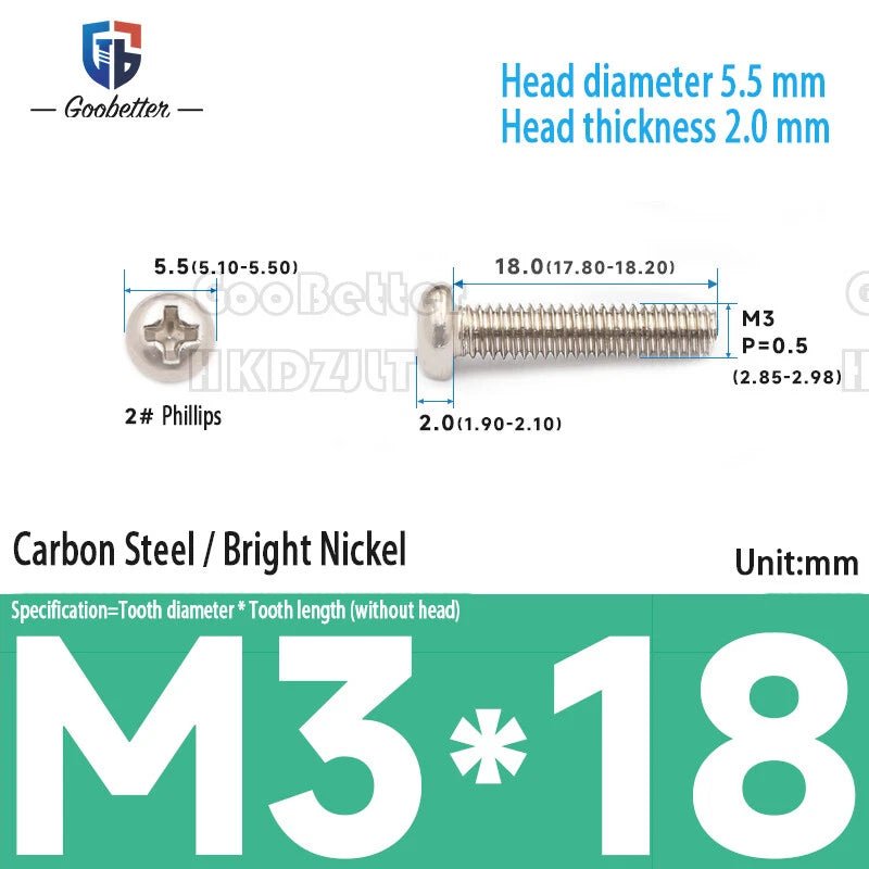 M3 Phillips Round Pan Head Machine Screws — Carbon Steel, 4–30mm, 100–500 PCS - HomeDIYer