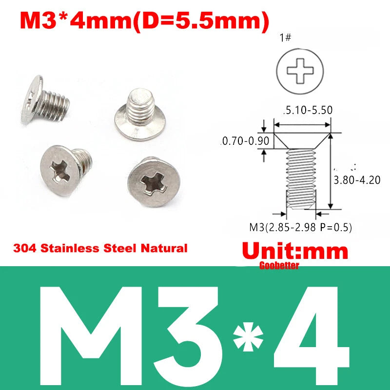 KM3 Phillips Countersunk Machine Screws – M3 x 3–18mm, Carbon or 304 Stainless, Multiple Finishes (Cross Flat Head)