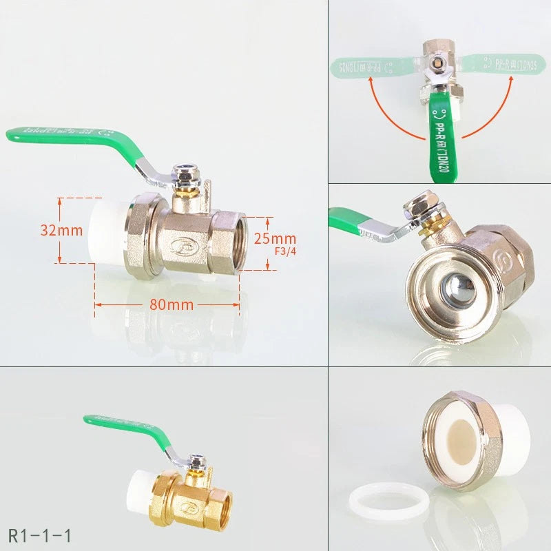 PPR Brass Ball Valves & Pipe Fittings 20–63mm | Green Handle | Multiple Types