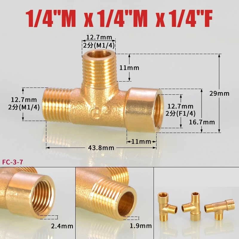 Brass BSP Tee Fitting 1/8" 1/4" 3/8" — Male Female Thread Pipe Connector