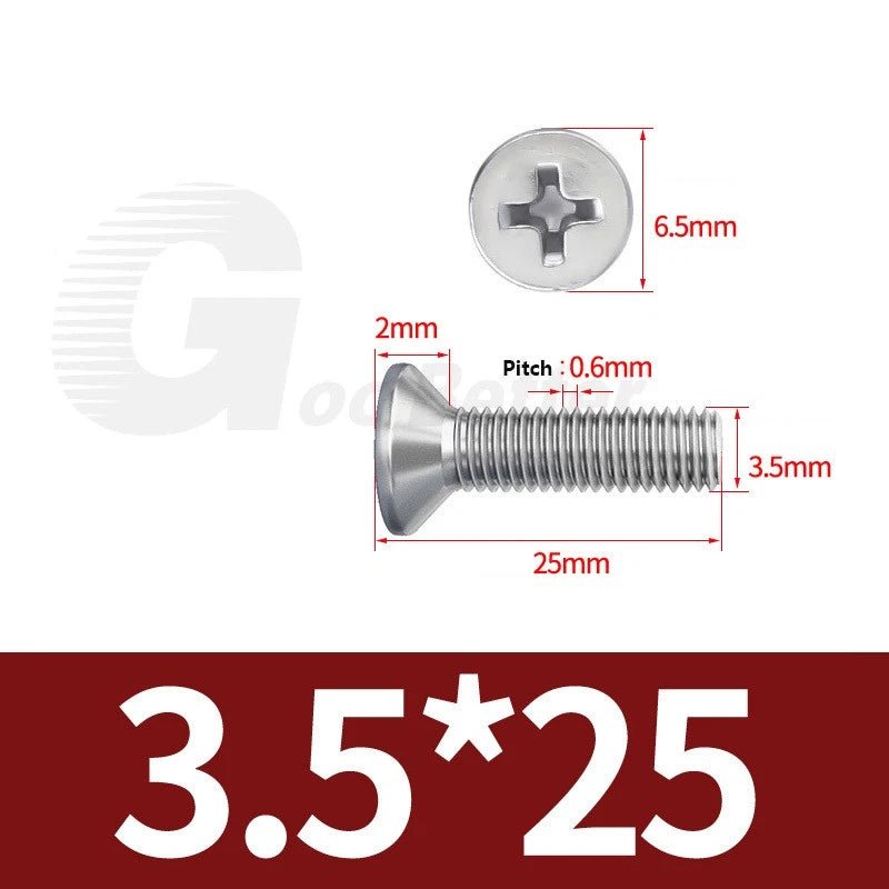 M1–M3.5 Phillips Countersunk Machine Screws – 304 Stainless Steel, Fully Threaded (3–120mm Overall Length) - HomeDIYer