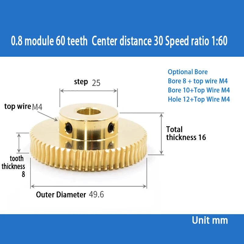 0.8 Module 20T to 60T Gear Copper Worm Wheel Gear & Worm Gear Shaft Bore 5-12mm