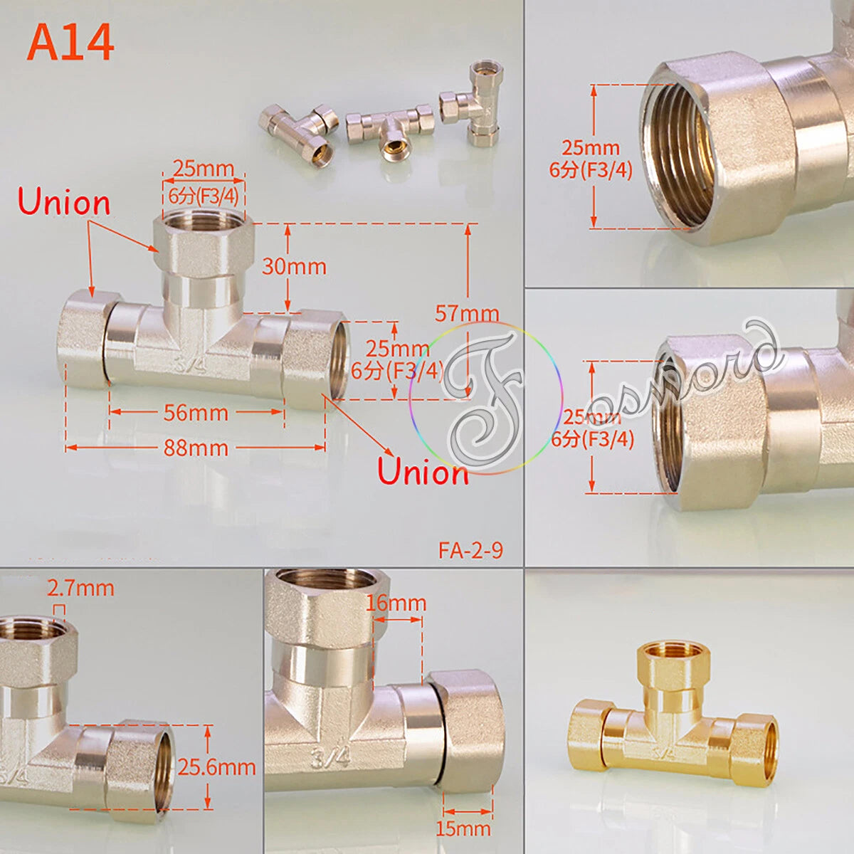 3/4" - 1/2" BSP Brass Pipe Fittings – Elbow 90°, Tee & Union Coupler, Male & Female Thread