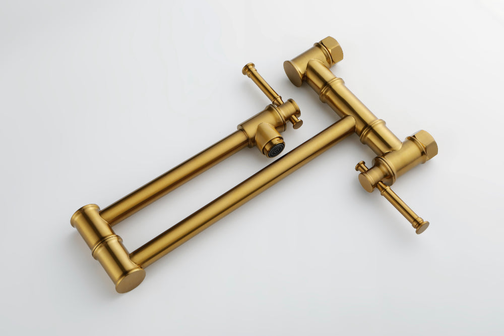 Wall Mounted Pot Filler Faucet – Brushed Gold, Two-Attachment Folding Swing Arm, Dual Handle, Solid Brass