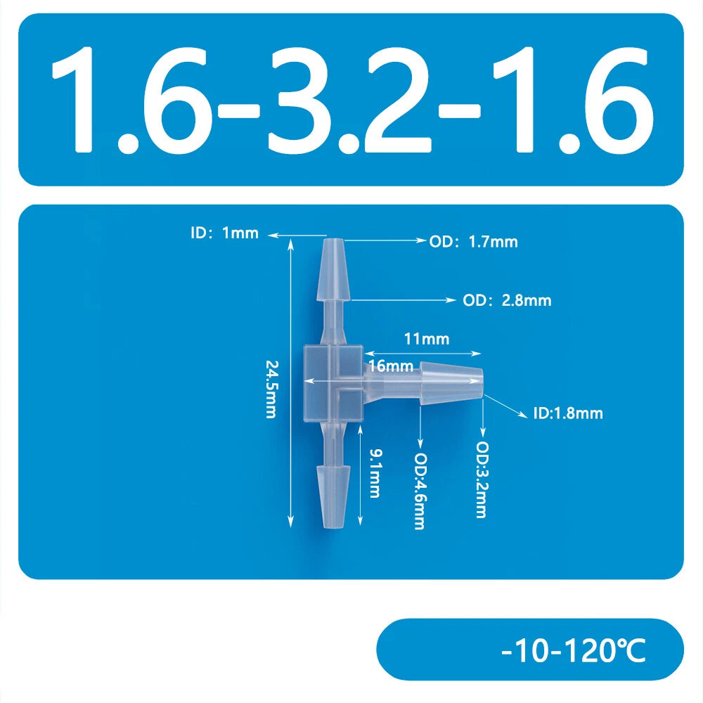 Plastic T-Type Barb Reducing Hose Fitting | 3-Way Tube Connector 1.6mm–14mm