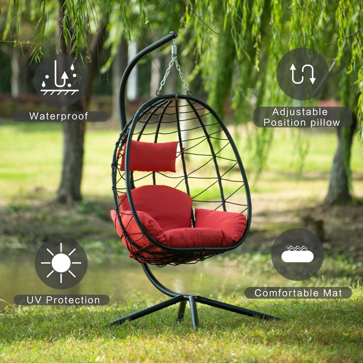 Red Egg Chair with Stand - All - Weather Hanging Wicker Swing Chair - HomeDIYer