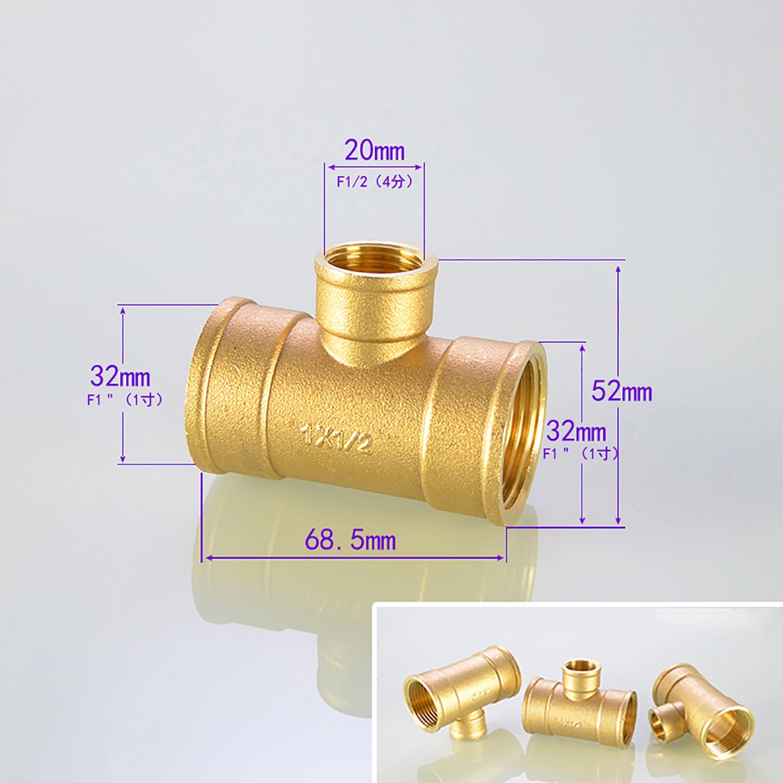 Brass T Tee Pipe Fitting — Female & Male NPT Thread, 3/4" to 2"