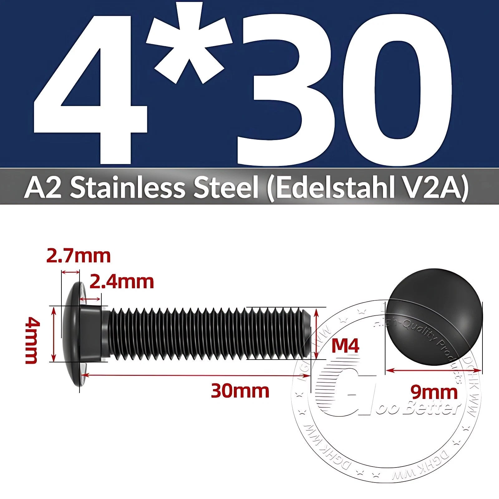 Black Stainless Steel Carriage Bolts M3–M12 | A2 Cup Square Dome Screws