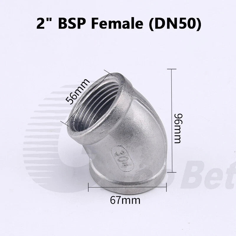 Stainless Steel 45° Elbow BSP Female Threaded Pipe Fitting — 304 SS, 1/8" to 2" (DN6–DN50)