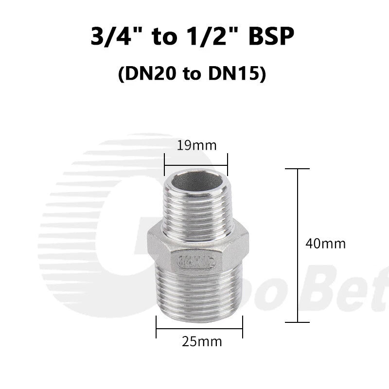 304 Stainless Steel Reducing Hex Nipple BSP Male Thread Pipe Fitting | 1/8" to 2"