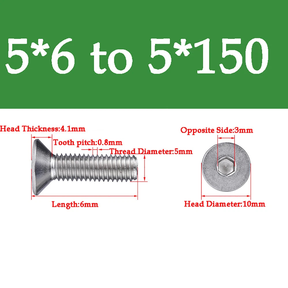 M1.6-M16 A2 Stainless Steel Hex Socket Countersunk Flat Head Screws | 10 PCS