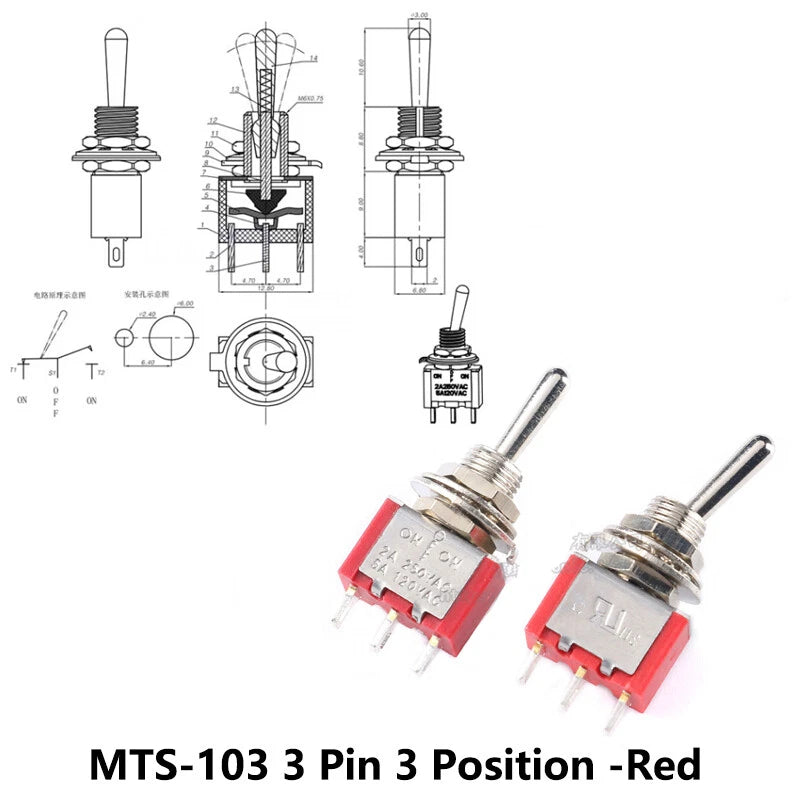MTS Series Toggle Switch 3–12 Pin | On-On / On-Off-On | Blue & Red