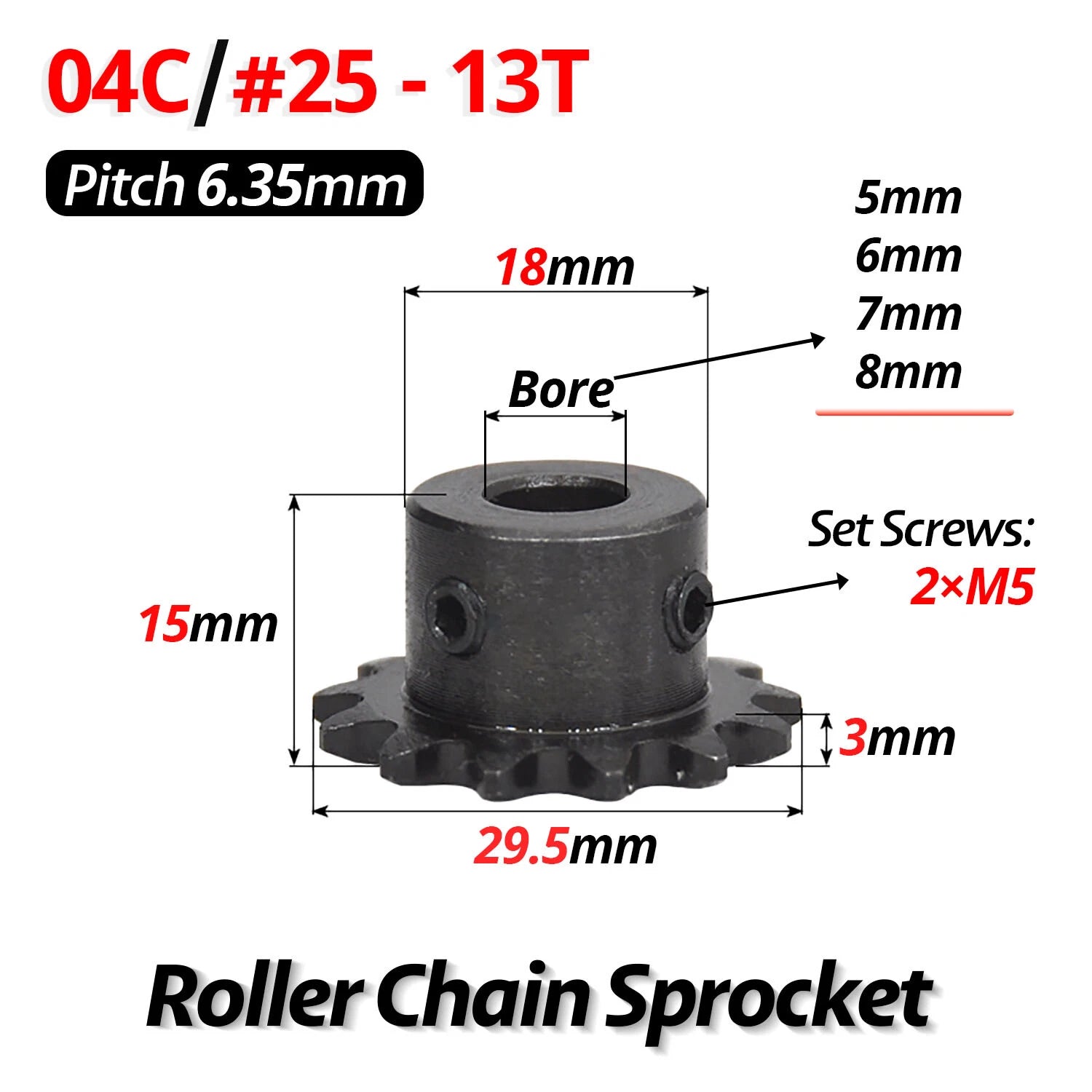 #25 Roller Chain Sprocket 04C 9T-40T Tooth Bore 5mm-20mm Pitch 6.35mm (1/4 inch)