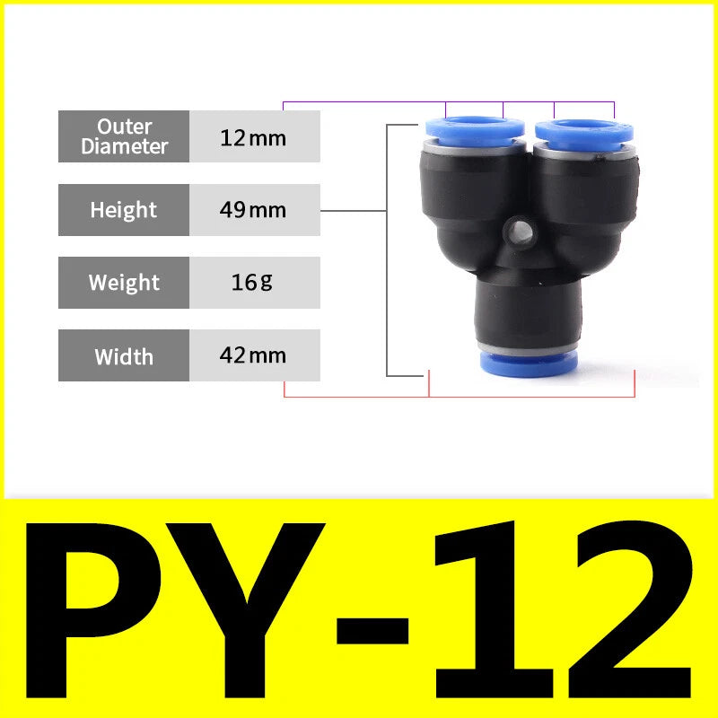 Pneumatic Y Splitter 3-Way Air Hose Fitting — Push-to-Connect, 4mm to 16mm