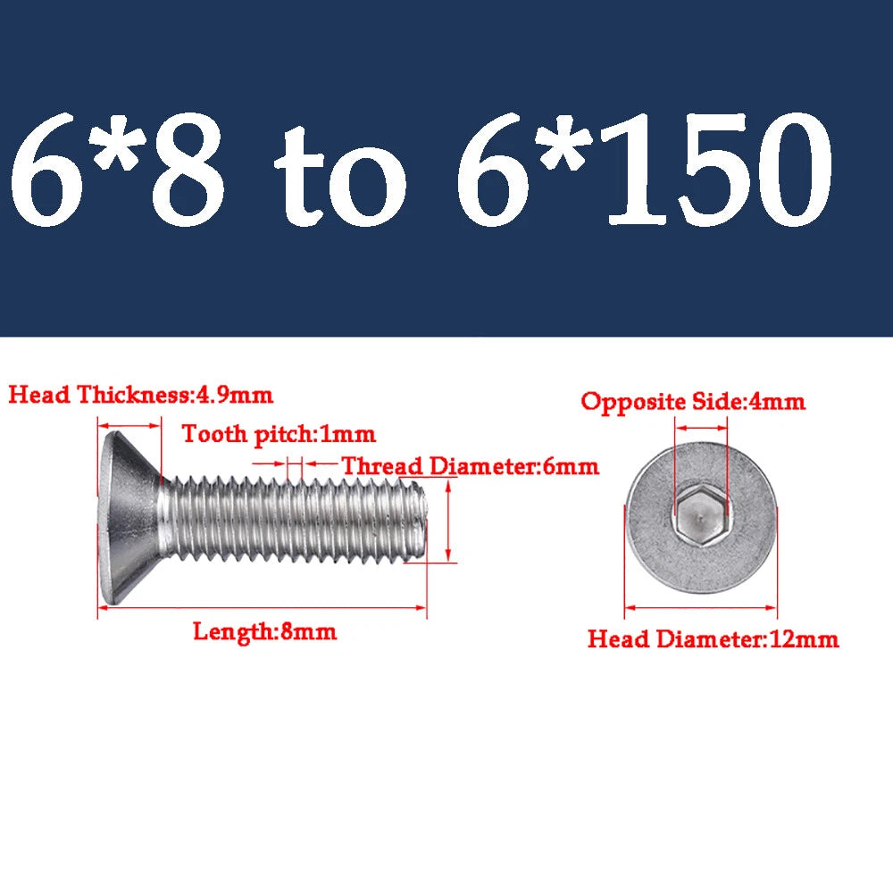 M1.6-M16 A2 Stainless Steel Hex Socket Countersunk Flat Head Screws | 10 PCS