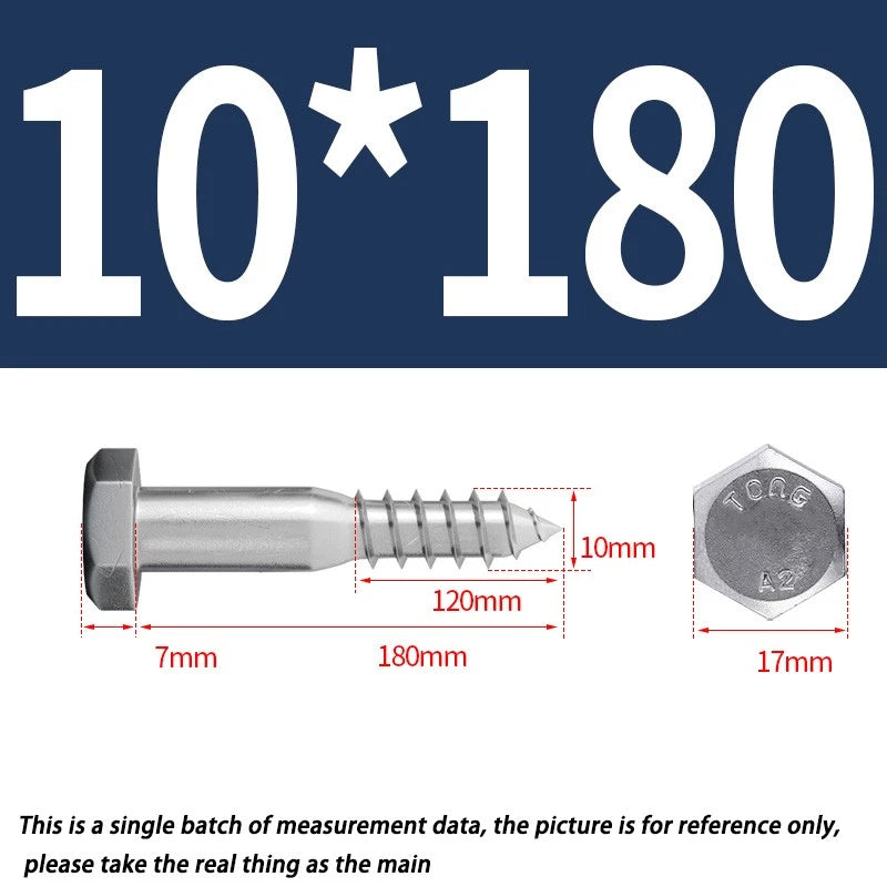 M10 10mm A2 STAINLESS STEEL SCREWS HEX HEAD LAG BOLTS WOOD SCREW BOLT DIN571