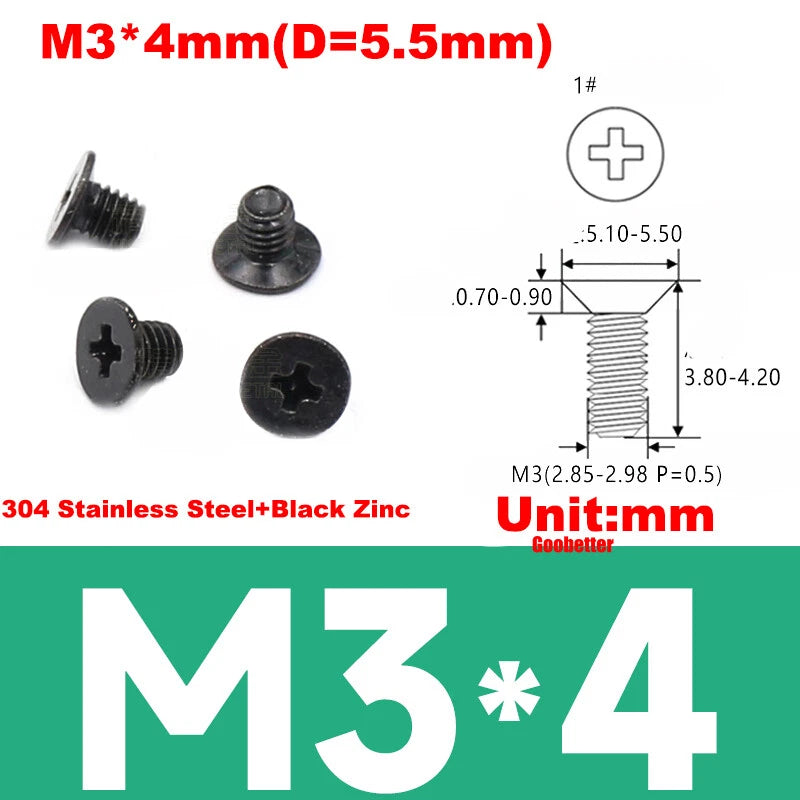 KM3 Phillips Countersunk Machine Screws – M3 x 3–18mm, Carbon or 304 Stainless, Multiple Finishes (Cross Flat Head)
