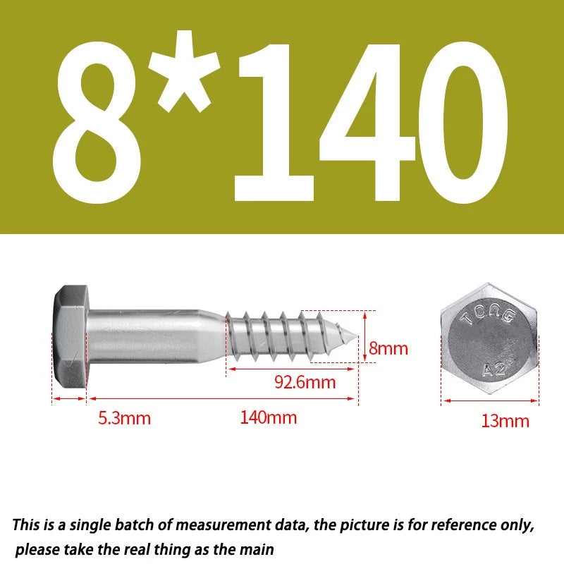 8mm M8 A2 STAINLESS STEEL SCREWS HEX HEAD LAG BOLTS WOOD SCREW BOLT DIN571