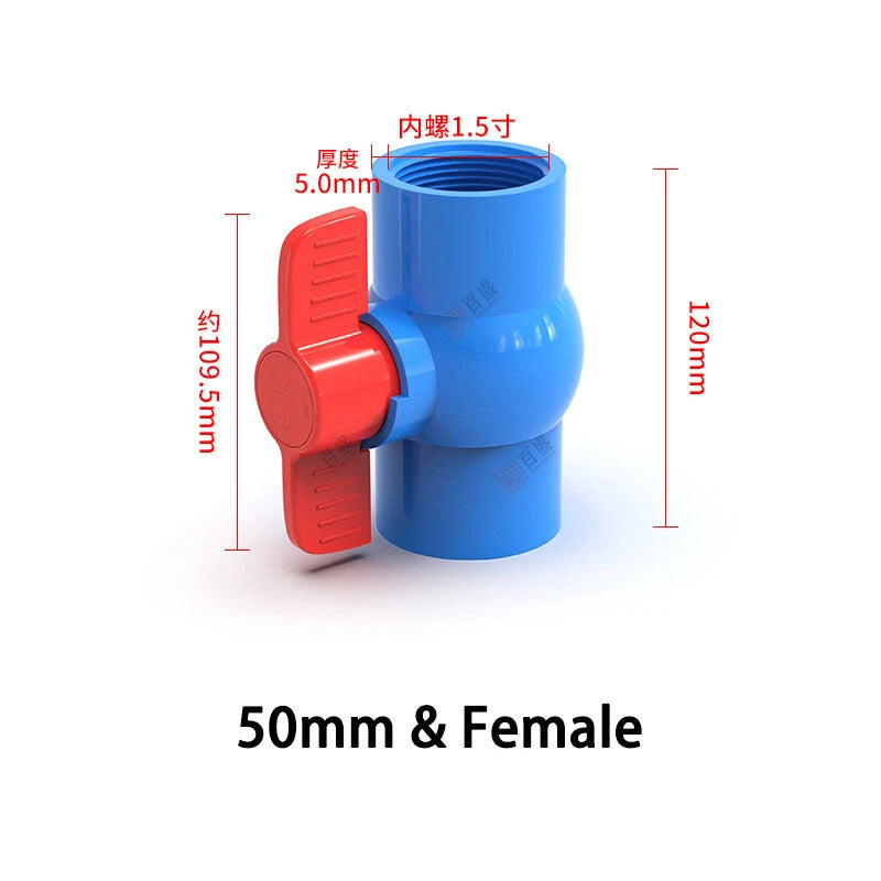 PVC Pipe Fittings 20mm-110mm Ball Valve Socket Solvent Weld-Female Thread Blue