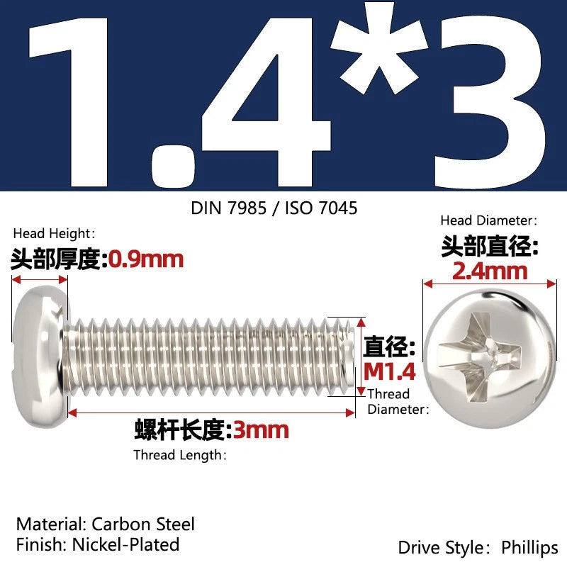 Nickel Plated Pan Head Phillips Machine Screws – ISO 7045, M1 to M4, Corrosion Resistant