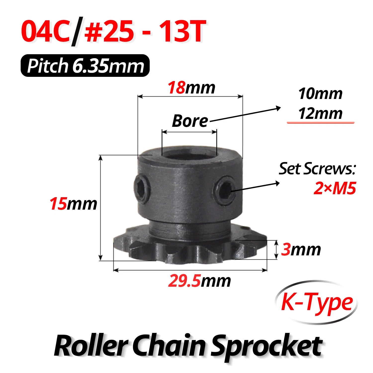 #25 Roller Chain Sprocket 04C 9T-40T Tooth Bore 5mm-20mm Pitch 6.35mm (1/4 inch)