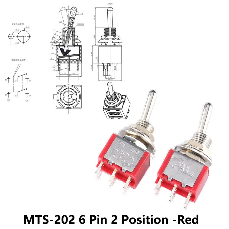 MTS Series Toggle Switch 3–12 Pin | On-On / On-Off-On | Blue & Red