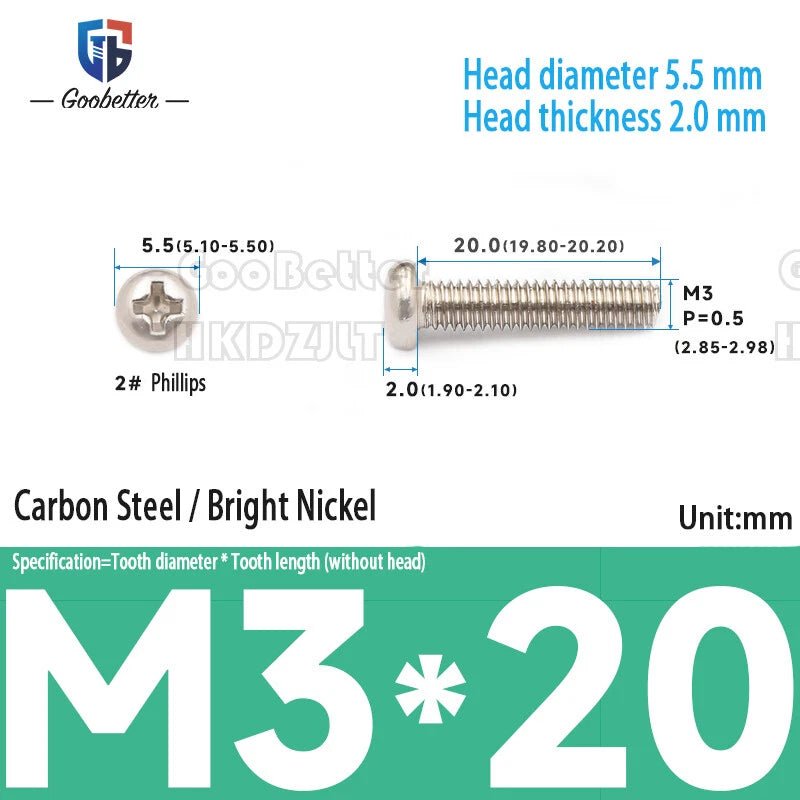 M3 Phillips Round Pan Head Machine Screws — Carbon Steel, 4–30mm, 100–500 PCS - HomeDIYer