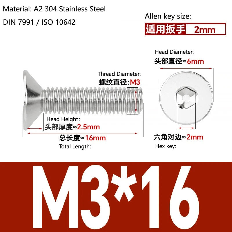 A2 Stainless Steel Socket Countersunk Screws – ISO 10642, M3 M4 M5